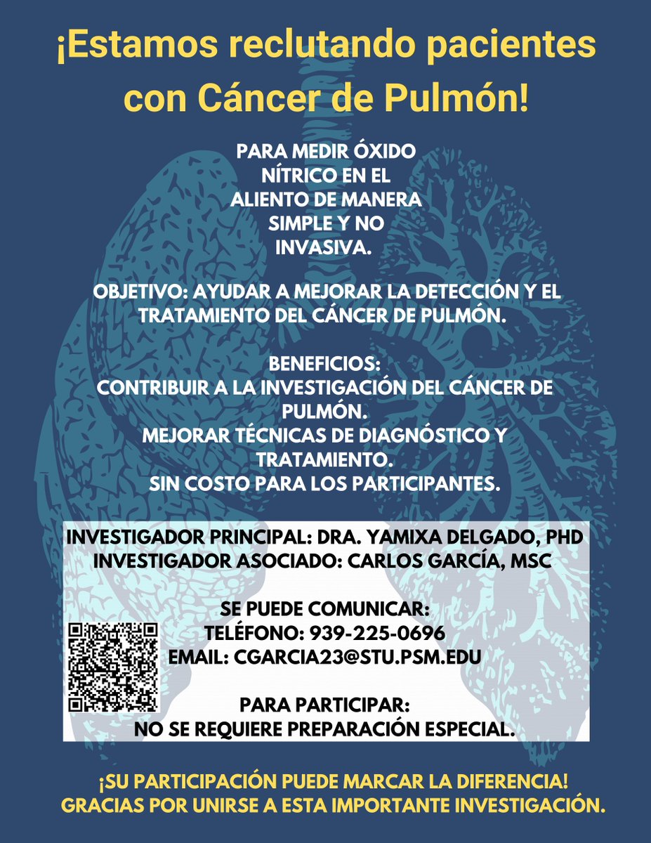 capacpuertorico's tweet photo. Si conoce pacientes de cáncer de pulmón que le interese participar, por favor hágale llegar esta importante información o compartan el anuncio. 

¡Muchas Gracias! 🫁 https://t.co/zZzUBs5bDm
