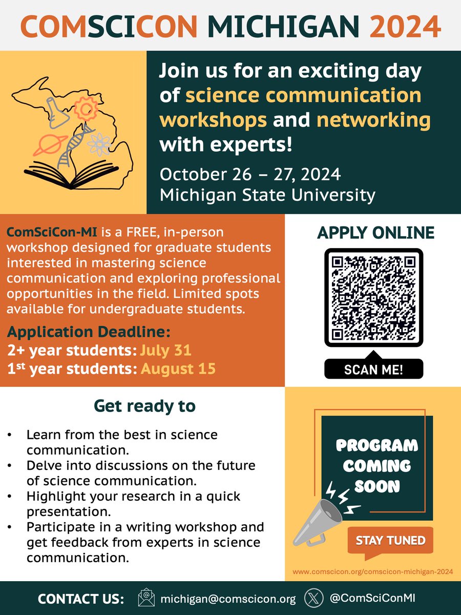 ComSciCon Michigan (@comsciconmi) on Twitter photo Join <a href="/ComSciConMI/">ComSciCon Michigan</a> at Michigan State University!📍Scan the QR code for attendee information. Program details and featured speakers coming soon! 📢
Have questions? Email us at michigan@comscicon.org. Join <a href="/ComSciConMI/">ComSciCon Michigan</a> at Michigan State University!📍Scan the QR code for attendee information. Program details and featured speakers coming soon! 📢
Have questions? Email us at michigan@comscicon.org.