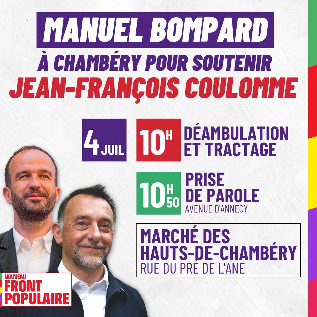 jfcoulomme's tweet photo. 🔴⚡️ @Mbompard, réélu député dès le 1er tour, sera présent demain à #Chambéry !

Il soutiendra notre campagne contre le danger de l'extrême droite et défendra le programme du #NouveauFrontPopulaire ! ✊

➡️ RDV demain à 10h au marché des Hauts-de-Chambéry !

#legislatives2024 https://t.co/4d1zoiw8pT