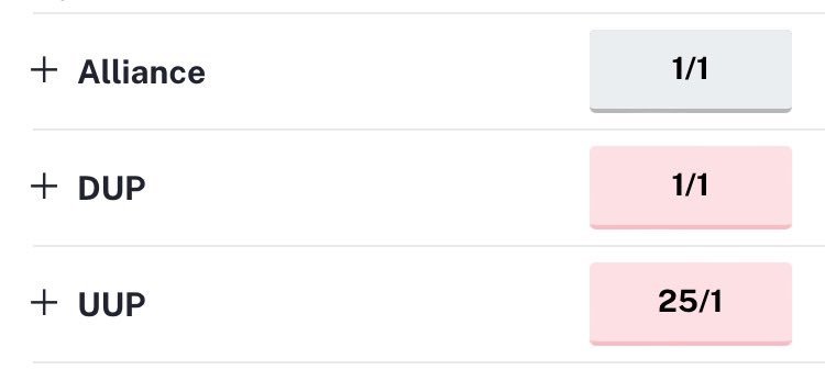 Not a betting man, nor a betting advocate, but here are the odds for #LaganValley just in case anyone is in any doubt about who is seriously in play to win it…

#ge24