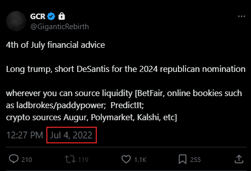 MAGAMemecoin's tweet photo. Study GCR's pinned tweet from 2022. 

$TRUMP has been the betting favorite for months now and there isn't a close second. https://t.co/W96ETdDsdg