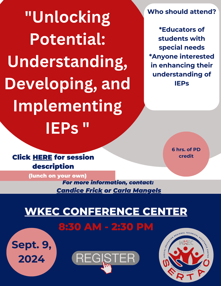 WKECSpecialEd's tweet photo. Do you need help developing and understanding the IEP process? WKEC has you covered. Unlocking Potential: Understanding, Developing, and Implementing IEPs in the Classroom.  Registration: https://t.co/DX2pvUVvJz https://t.co/faKDCntjDV