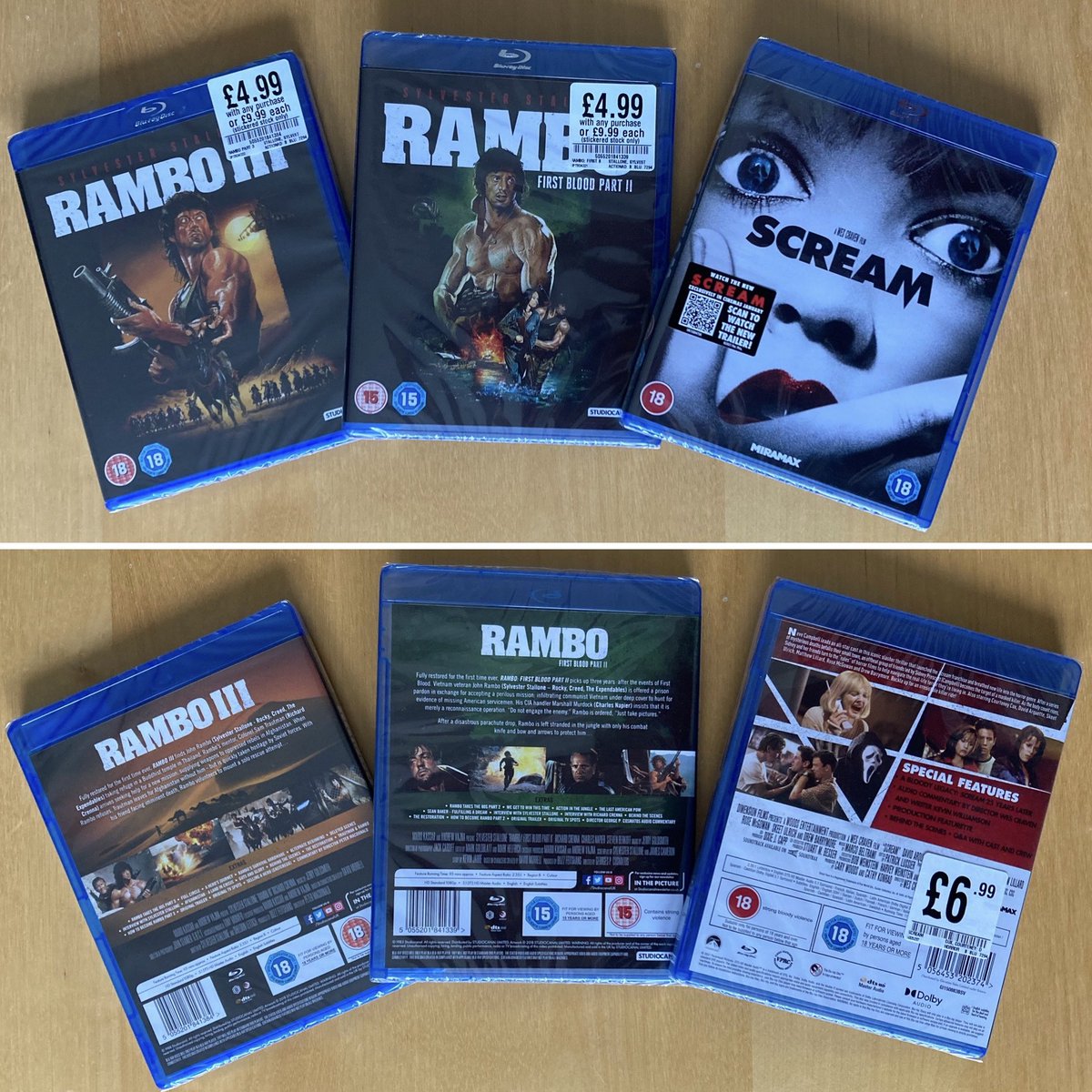 s77tux's tweet image. Treated myself to some #LatestAdditions to my #BlurayCollection from @hmvLivingston: 4K restorations of #WesCraven’s #Scream as well as 4K restorations of #Rambo #FirstBloodPartII and #RamboIII! #Bluray #PhysicalMedia #KeepDiscsAlive