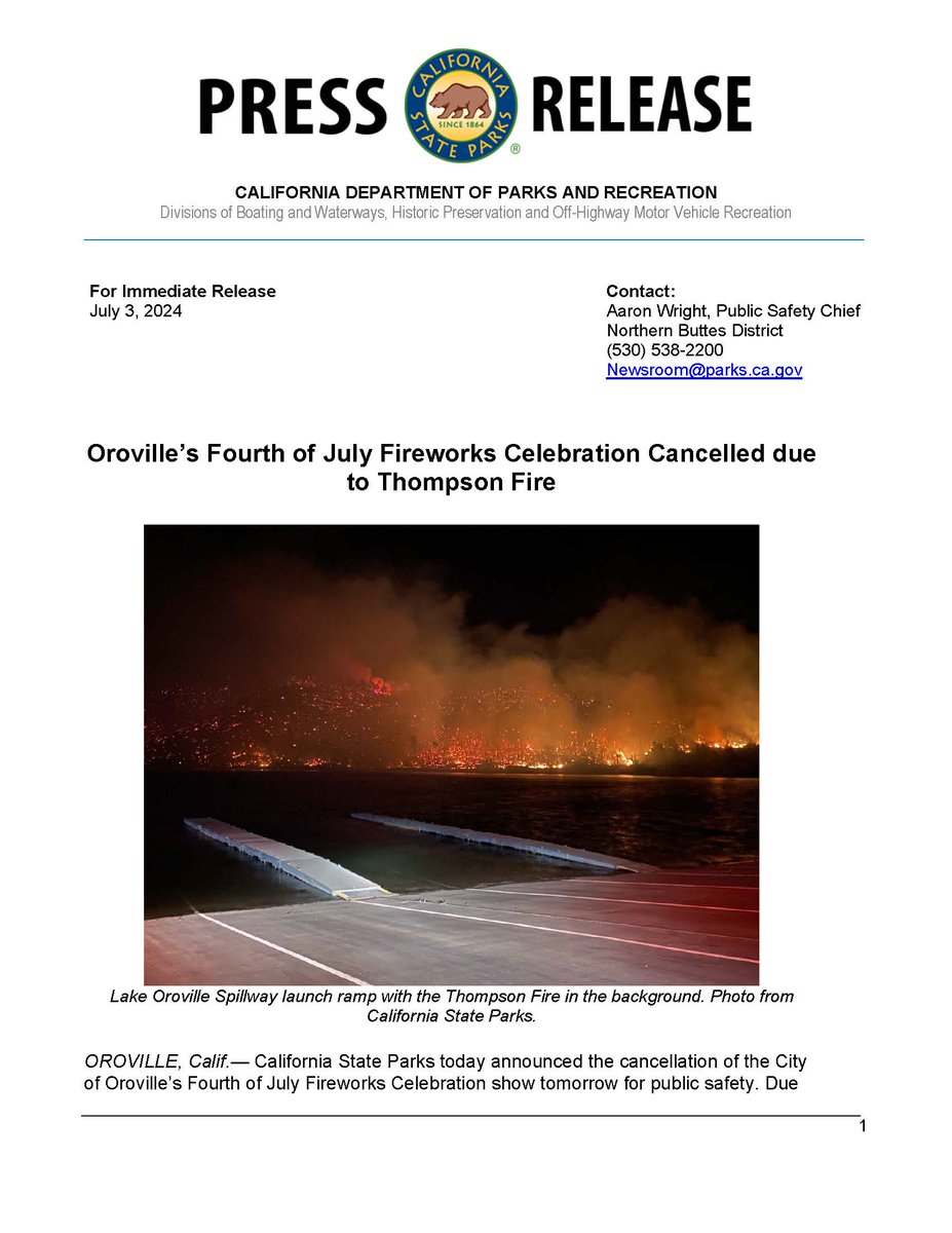 CALFIRE_ButteCo's tweet photo. Please see press release from our partners @CAStateParks   regarding the cancellation of the 4th of July fireworks show in the Oroville area. https://t.co/urRxEIiTBh