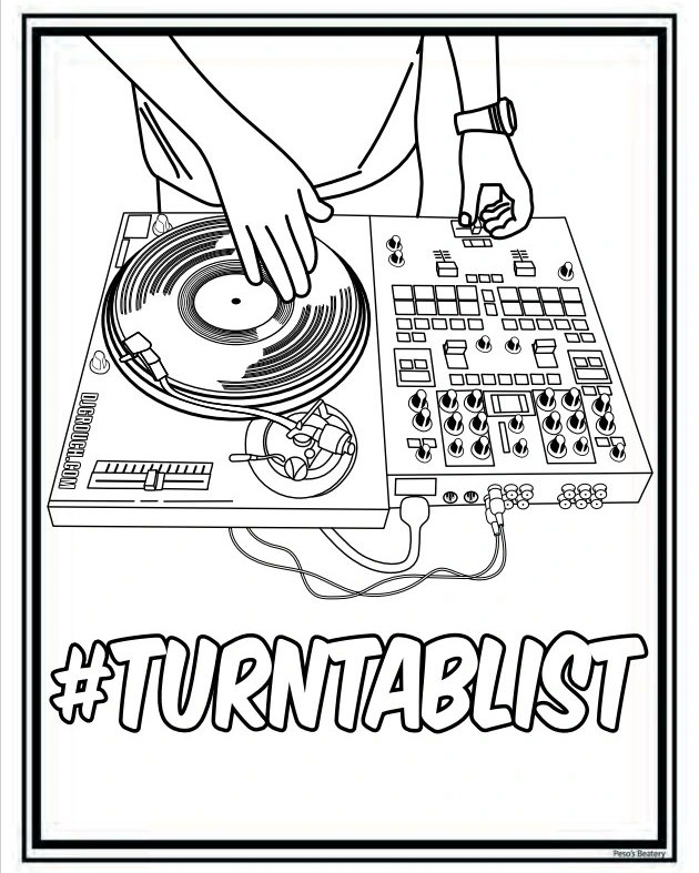 Pesos_Beatery's tweet photo. The Peso's Beatery and Friends Colouring and Activity Book includes images of turntable legend @DJGrouch as he was featured on the intro track of the instrumental album 'On Weaponized Time.' #LinkInBio #Turntablist #OnWeaponizedTime https://t.co/36MdAu5orN
