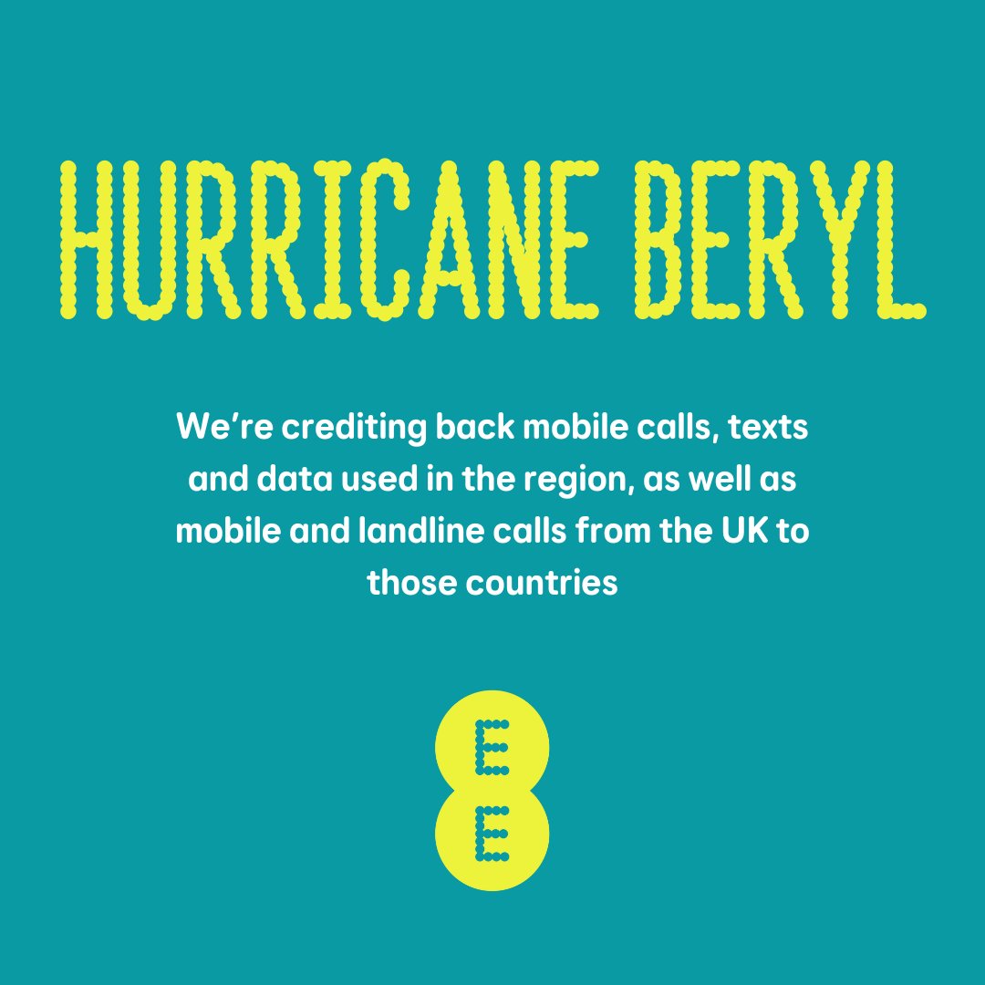 EE's tweet photo. Our thoughts are with everyone affected by the devastating Hurricane Beryl.

We’re crediting back charges for mobile calls, texts and data used in Jamaica, Barbados, Grenada, St Lucia, Martinique and St Vincent & the Grenadines, as well as mobile and landline calls from the UK to those countries, between July 3rd and July 5th (inclusive).

Please be aware that mobile signal in the area might be affected by damage to local networks and equipment.