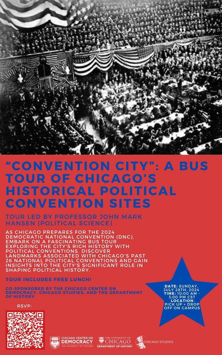 As Chicago prepares for the 2024 DNC, embark on a fascinating bus tour exploring the city’s rich history with political conventions. 

The tour will be led by John Mark Hansen (Poli Sci), is free to all and includes free lunch!

RSVP: events.uchicago.edu/event/236501-c…