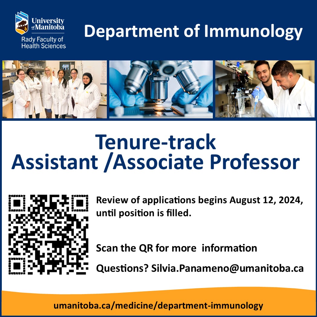 Dept of Immunology @ UofM (@um_immu) on Twitter photo ๐ The Dept of Immunology <a href="/umanitoba/">University of Manitoba</a> is hiring a full-time tenure track Asst/Assoc Professor! Start Date: May 1, 2025. ๐ฌ Focus Areas:
- Chronic disease #immunobiology
- Systems immunology
- #Inflammation regulation
- #Immunometabolism & more
Apply by Aug 12, 2024.
#AcademicJobs ๐ The Dept of Immunology <a href="/umanitoba/">University of Manitoba</a> is hiring a full-time tenure track Asst/Assoc Professor! Start Date: May 1, 2025. ๐ฌ Focus Areas:
- Chronic disease #immunobiology
- Systems immunology
- #Inflammation regulation
- #Immunometabolism & more
Apply by Aug 12, 2024.
#AcademicJobs