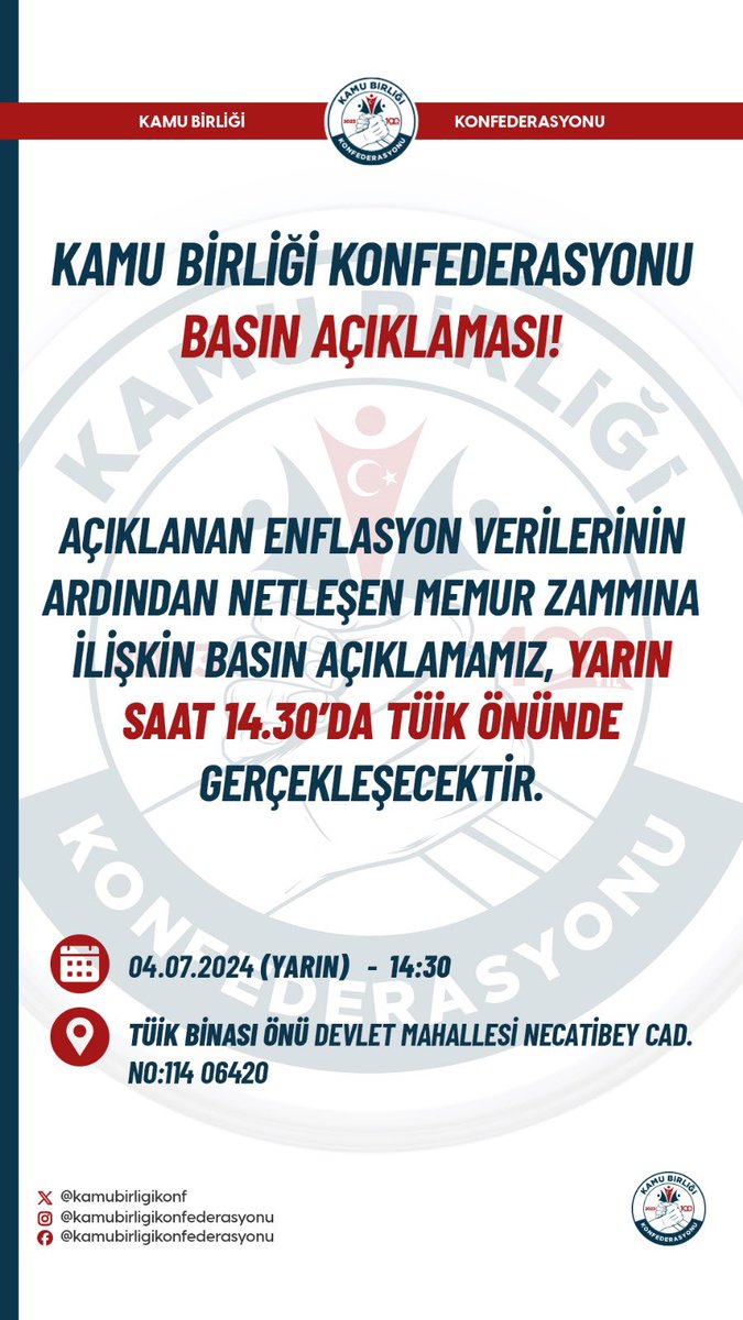 Yarın saat 14.30’da TÜİK önünde basın açıklamamız olacaktır. @kamubirligikonf