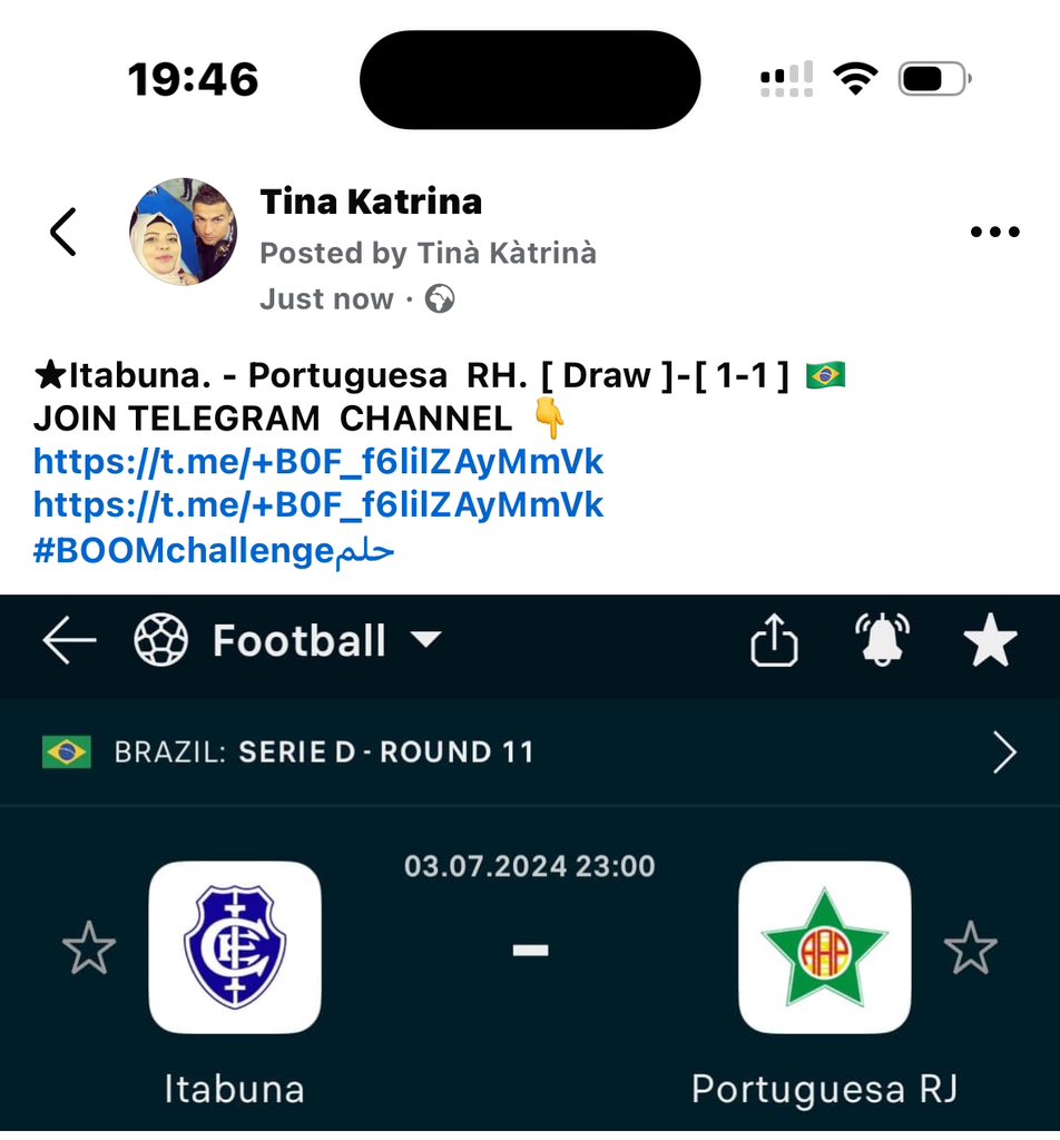 Tina_Katrina001's tweet photo. ★ Itabuna. -  Portuguesa  RH. [ Draw ]-[ 1-1 ] 🇧🇷 
BET NOW AND JOIN OUR TELEGRAM 
https://t.co/4MDquvSQez
https://t.co/4MDquvSQez

#sportsbeting 
#powerpicks 
#bettingtips
#Tina_Katrina001 
#foryou https://t.co/3H9PxtDX3T