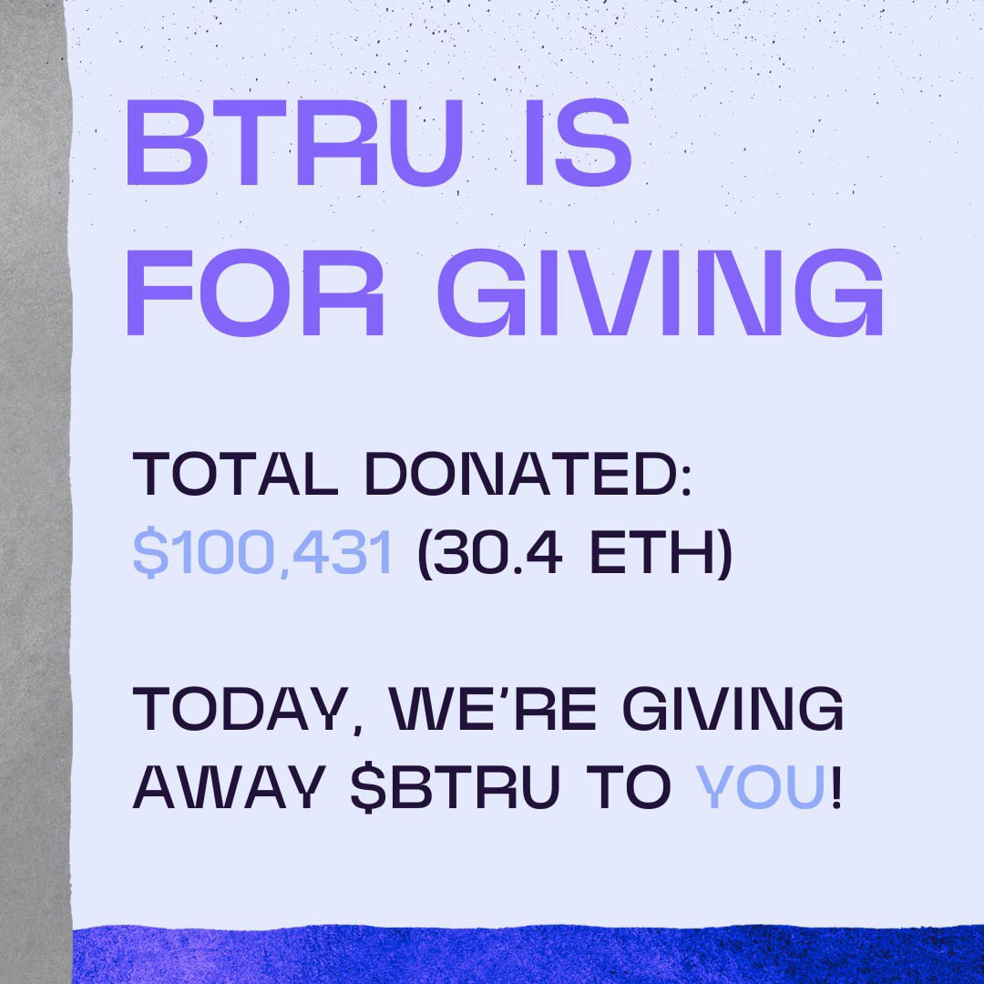 🎉 WOW! We were blown away AGAIN by the response from our last 2 giveaways, so here we go again! 

Round 3 - so it only makes sense to give away $300!! Going to reward $BTRU HOLDERS with this one! If you don’t already hold, go buy any amount, and bam, you’re a holder! 🚀

BTRU ✝️