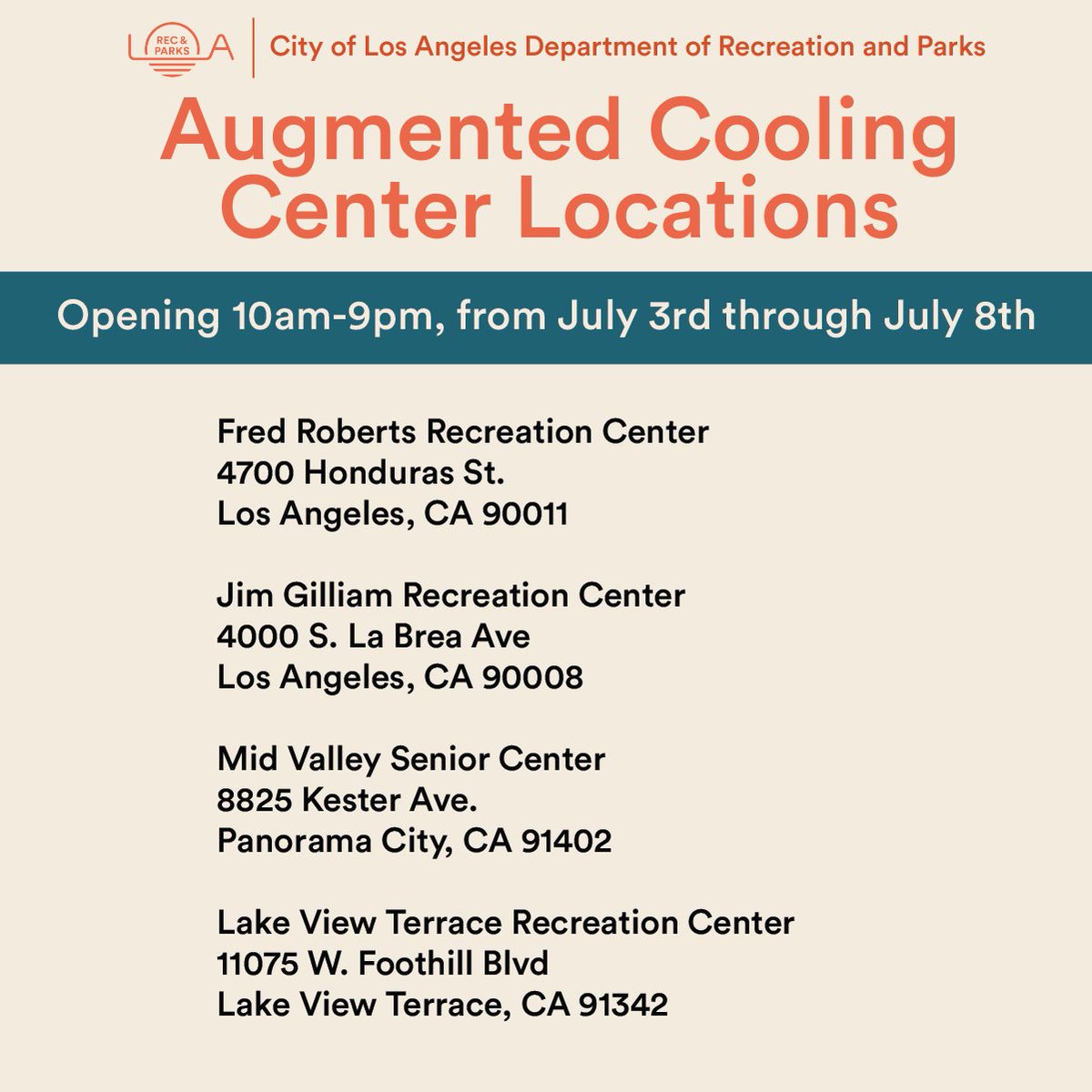 It’s going to be HOT this week! If you need a place to cool off, visit one of our cooling centers at the listed locations from July 3 - July 8, from 10AM - 9PM.

All Recreation and Parks facilities can be used as cooling centers during normal operational hours.