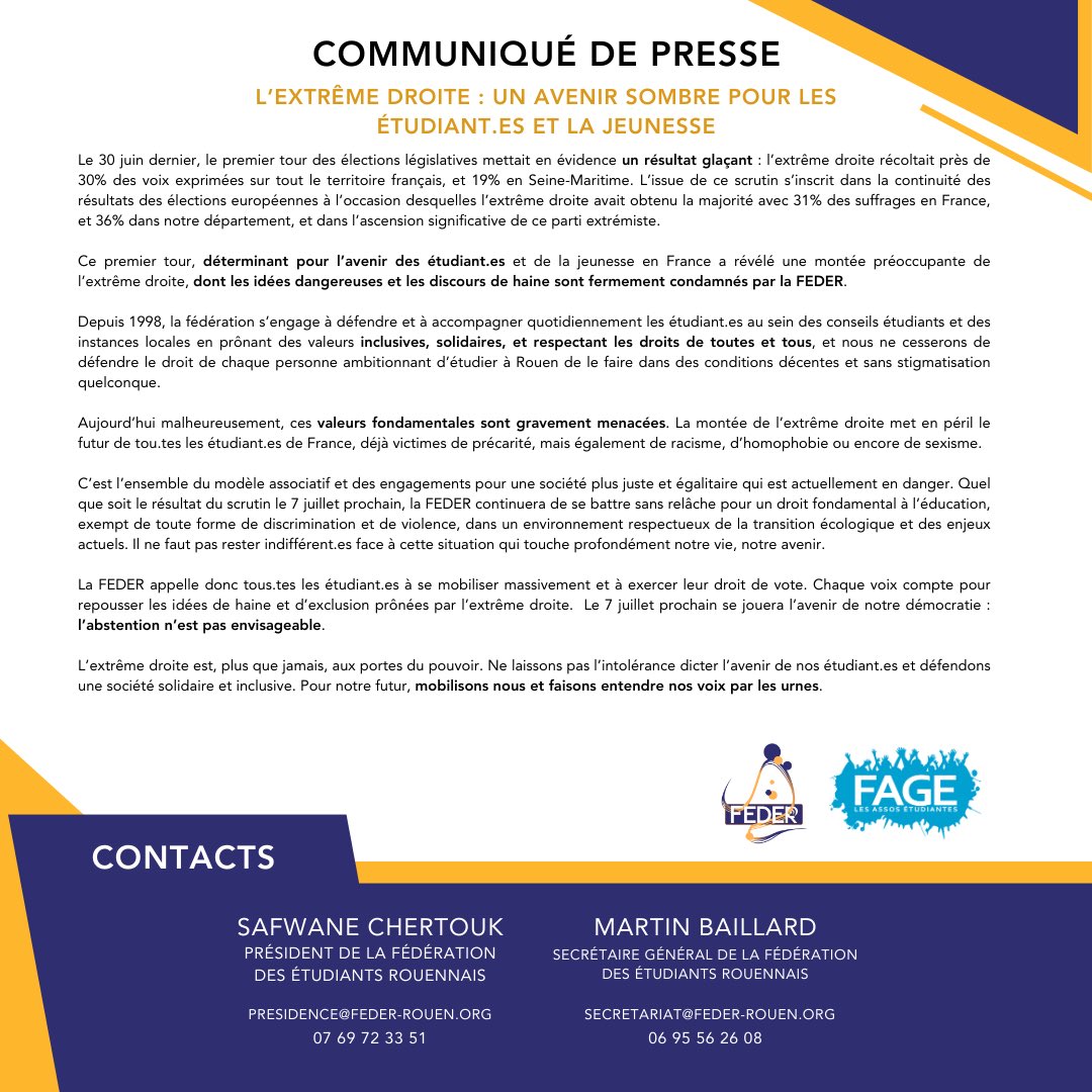 la_feder's tweet image. [ Communiqué de presse] 
L’extrême droite poursuit sa progression. La FEDER condamne fermement cette montée préoccupante. Depuis 1988, nous défendons les droits et l’inclusion des étudiants. Aujourd’hui, ces valeurs sont menacées. Nous appelons les étudiants à voter massivement.