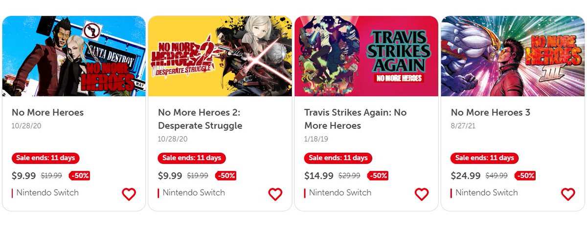 Grasshopper_EN's tweet photo. The ENTIRE No More Heroes series is 50% off in the Nintendo eShop. Yes,even Travis Strikes Again! 🔥 https://t.co/1U6lWnwrKS