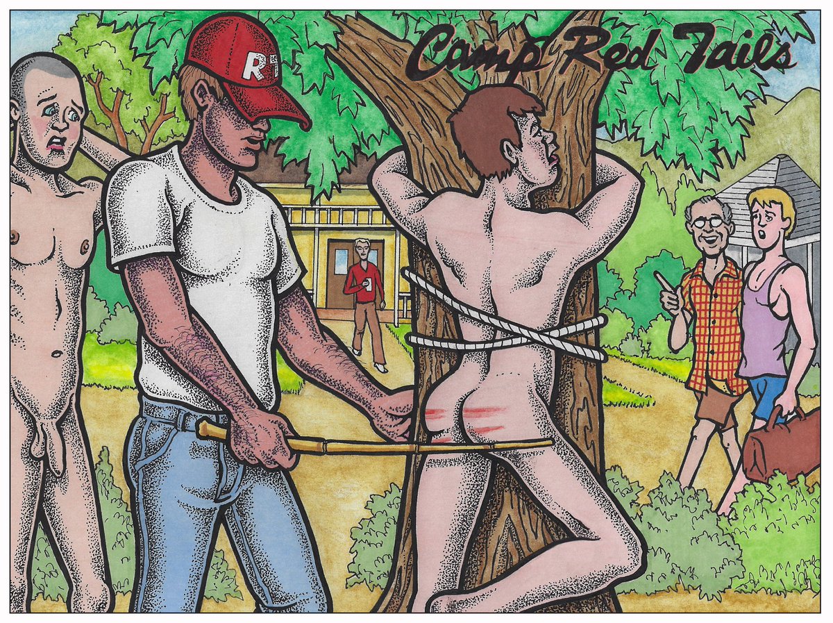 spank_gay's tweet photo. This piece of art by Copper illustrates a not-uncommon occurrence at Camp Red Tails (sold out for 2024; check here for info and maybe come in 2025? https://t.co/Pm77j79VlS). Note the worry on the faces of the boy waiting his turn and the boy getting lectured! https://t.co/wPrO6wcqIw