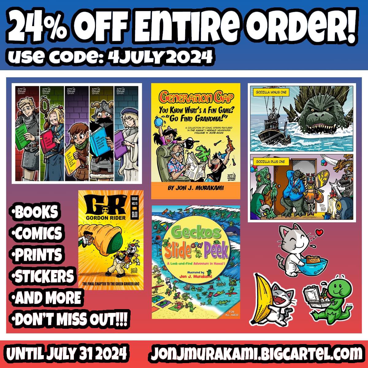 ALOHA! My online store, jonjmurakami.bigcartel.com is having a special monthly sale! 🎆 🧨 Use the code 4JULY2024 at checkout to unlock a fantastic 24% discount on your entire order! 🎆🧨