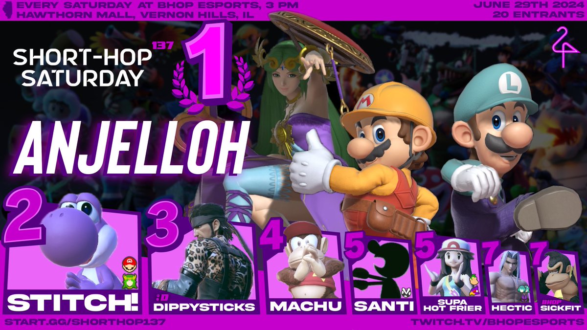 Congrats to <a href="/aANJELLOH/">ANJELLOH</a> for winning Short HOP #137! 
Make sure to come out this week for another bracket! 
This weeks Short HOP will be in our Gurnee Loaction! Make sure to come out! 

start.gg/tournament/sho…