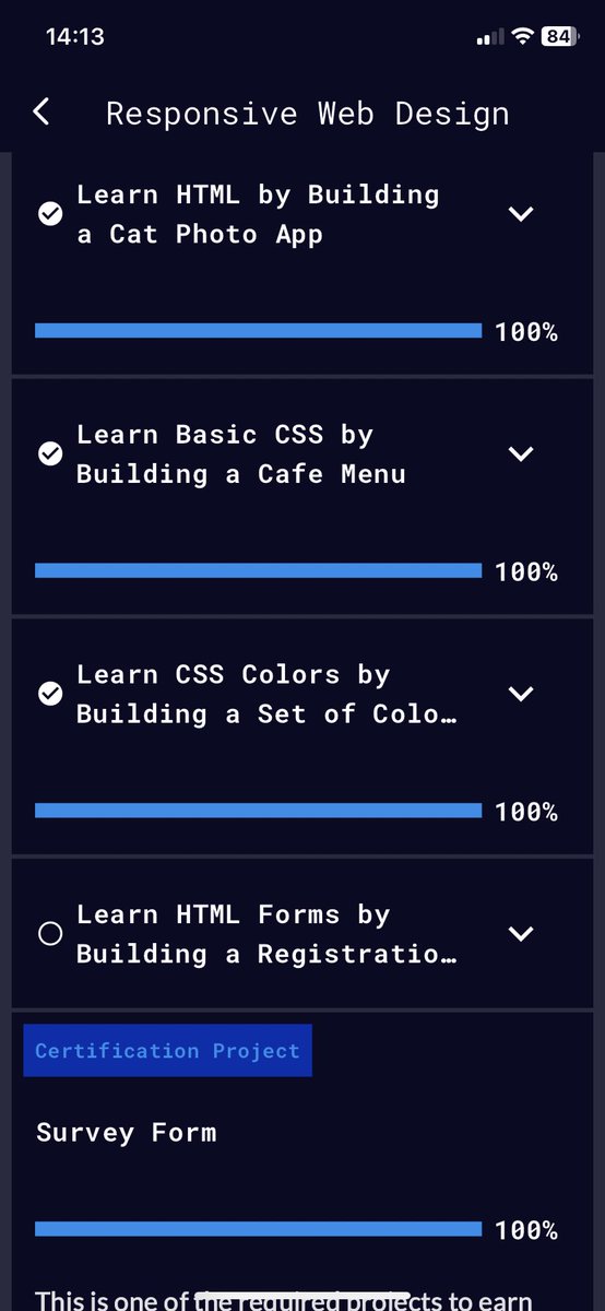 MagicallyC91's tweet image. #CodingJourney #FrontEnd 
To show a small bit of what you do with @freeCodeCamp (reminder I’m touching up and doing their added/updated tutorials) I figured I’d share some SS. You can do this via their app on your phone too!! And YES the certificates are FREE!!
