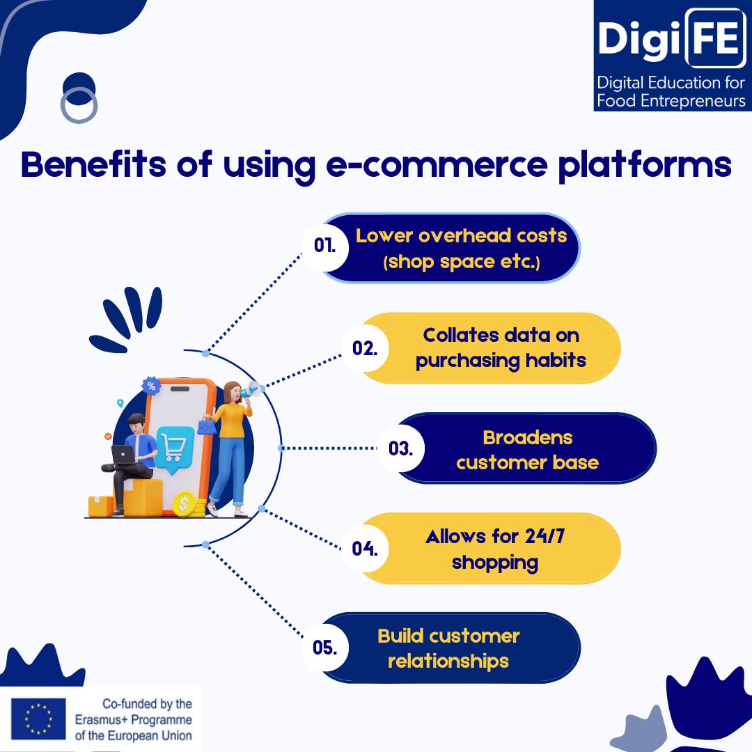 Here are some of the top benefits of using e-commerce platforms #DigiFE ✅ 
Can you think of any more benefits to add to the list? Comment below ⬇️