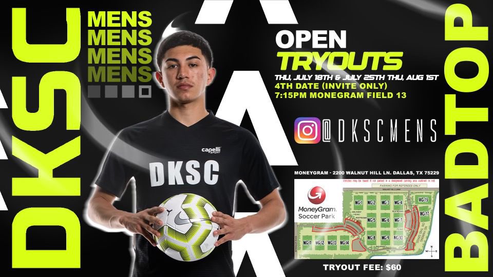dkscmens's tweet photo. Tryouts are here! Come out and show us what you got! Sign up and pay upon arrival at the field.

🏟 Moneygram Field #13
🎟 $60
📝 https://t.co/hWL4kMLw9I

#DKSC⚫️⚪️ https://t.co/WkorlrXUfQ