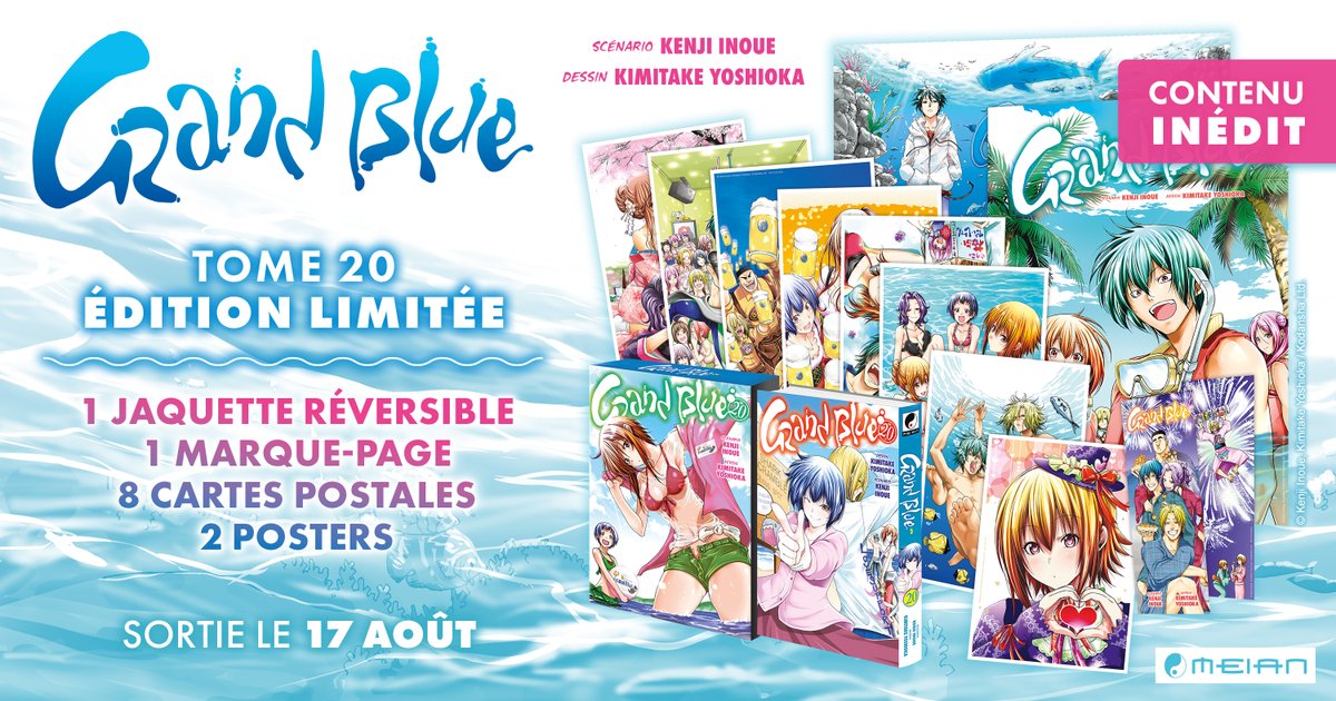 MeianFR's tweet photo. [ ANNONCE ] Une ÉDITION LIMITÉE pour le tome 20 de GRAND BLUE 🌊
• Jaquette réversible
• 8 Cartes postales
• 1 Marque-page
• 2 Posters

Retrouvez des illustrations inédites en France dans un coffret à ne pas manquer 🍻
🗓️ 17/08 • Avant-première à JAPAN EXPO ! https://t.co/fy7KhOg7wp
