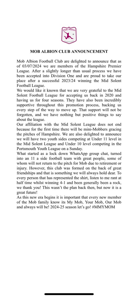 Mob Albion FC (@fc_mob) on Twitter photo New season, new league! <a href="/MidSolent/">Mid Solent Adult League</a> thank you! <a href="/HantsLeague/">uhlsport Hampshire Premier League</a> letโs go! #MMYMOM New season, new league! <a href="/MidSolent/">Mid Solent Adult League</a> thank you! <a href="/HantsLeague/">uhlsport Hampshire Premier League</a> letโs go! #MMYMOM