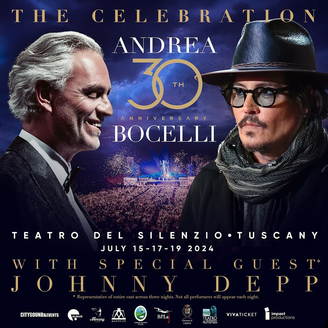 Get ready for an unforgettable night! 🎶✨ Andrea Bocelli's 30th Anniversary  Celebration with special guest #JohnnyDepp at Teatro Del Silenzio, Tuscany.  July 15-17-19, 2024. Don't miss it! (Repost from AndreaBocelliOfficial IG)  #AndreaBocelli #, image size:1080x1080