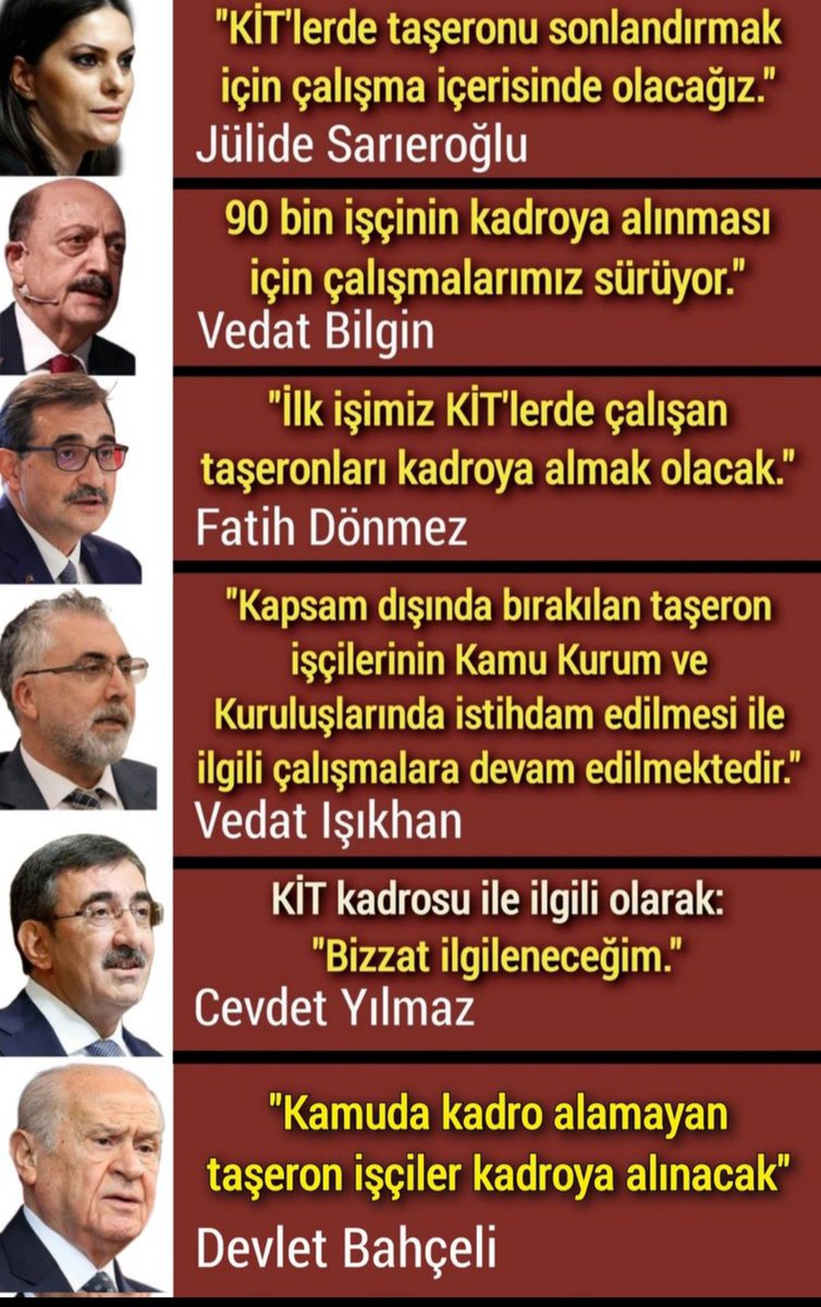TümTaşerona Kadro 
Hazır olan dosya neden meclise gelmiyor neden yasalaşmıyor sayın devlet büyüklerimiz <a href="/RTErdogan/">Recep Tayyip Erdoğan</a> <a href="/dbdevletbahceli/">Devlet Bahçeli</a>