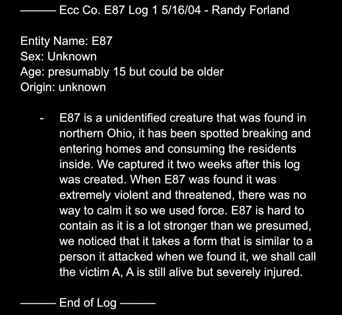 SF_SDV_Creators's tweet photo. Leak 2: E87, May 16, 2004

E87, formerly SF-01, Is Entity 87, or Shadow Figure Generation 1

#Horror #Files #ECCLeakedFiles https://t.co/nOkDc8i7ZC