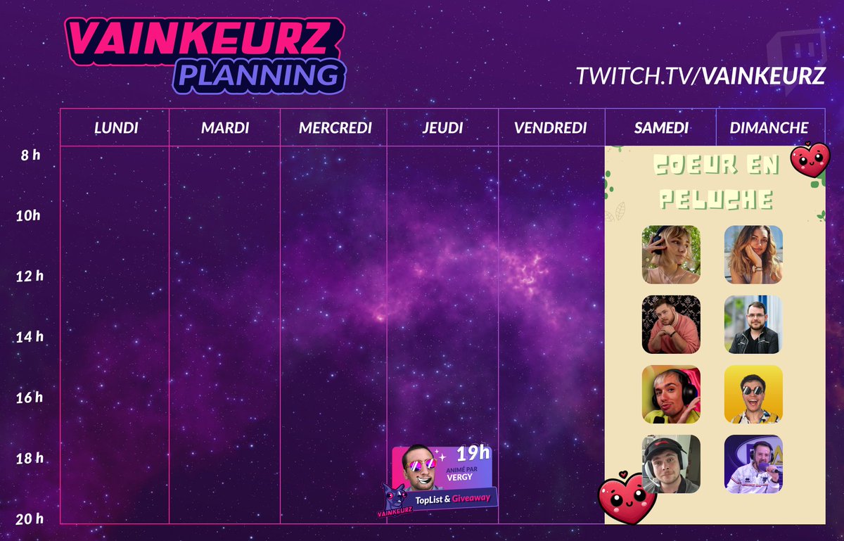 Voici le planning Twitch du 1 au 7 juillet 🟣:

Cette semaine marque également le premier événement caritatif où VAINKEURZ est partenaire ! 👍

Ce week-end, vous pourrez retrouver de nombreux streamers qui feront du VAINKEURZ et vous permettront de gagner de nombreux lots au
