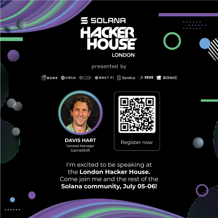 GameShiftGG's tweet image. Join us at the London Solana Hacker House on July 5-6!

Hear @flatirons_davis cover all things @GameShift_dev  and learn how to effortlessly build Solana games using the GameShift API 🔥