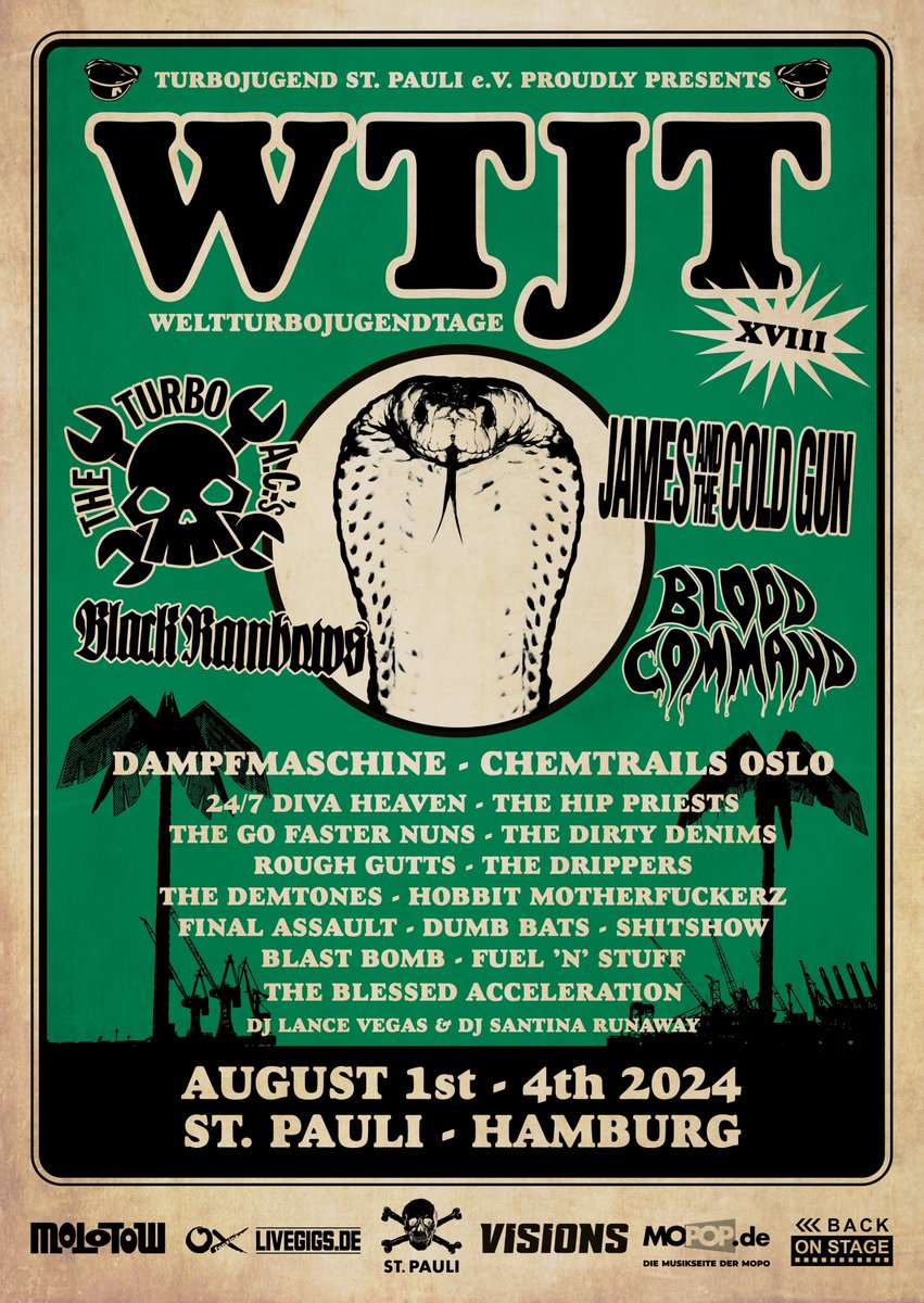 WE'RE HEADING BACK TO HAMBURG NEXT MONTH TO HEADLINE THE WELTTURBOJEGENTAGE FESTIVAL! 

SO MANY COOL BANDS ACROSS FOUR DAYS! IT'S GOING TO BE CHAOS! SEE YOU THERE!

TICKETS: tixforgigs.com/Event/54510