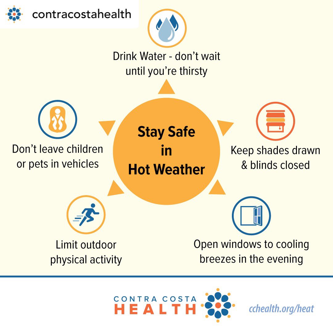 We’re in for some excessive heat this Tues &amp; Wed, with an Excessive Heat Warning in place through 7/9. 🌡️ High temps can be dangerous. Stay safe and cool—find out how at health.org/heat. You can locate places to cool down in by going to: contracosta.ca.gov/10174/Heat-Saf….