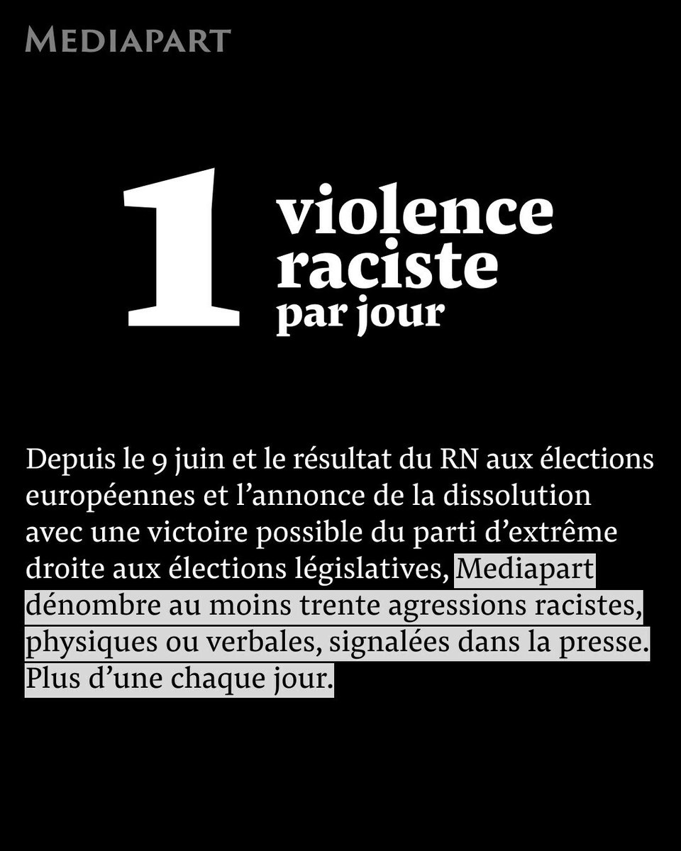 La liste n’est pas exhaustive mais reste inédite. Rarement la France aura connu, semble-t-il, autant d’agressions et de propos racistes dans une temporalité aussi réduite. 👉‍ l.mediapart.fr/5uk
