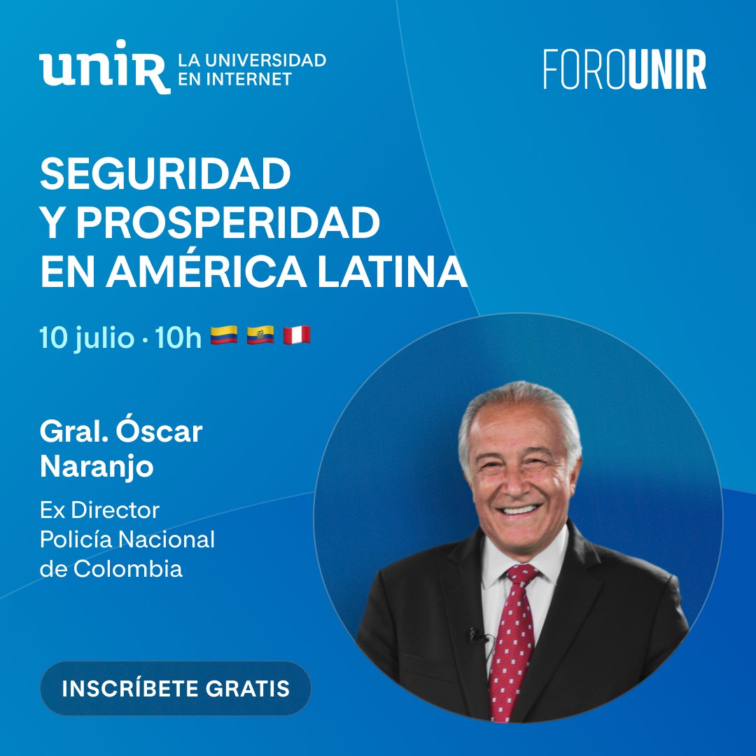 Universidad Internacional de La Rioja (UNIR) (@uniruniversidad) on Twitter photo 🛡️ Asiste a este #ForoUNIR donde plantearemos propuestas para mejorar la #SeguridadCiudadana en América Latina. Con la participación del <a href="/Gr_Naranjo/">General Naranjo</a>, exvicepresidente de Colombia y otros destacados expertos de México🇲🇽, Colombia🇨🇴 y Chile🇨🇱.
¡Apúntate! ➡️ ow.ly/Pe4r50SuXC8 🛡️ Asiste a este #ForoUNIR donde plantearemos propuestas para mejorar la #SeguridadCiudadana en América Latina. Con la participación del <a href="/Gr_Naranjo/">General Naranjo</a>, exvicepresidente de Colombia y otros destacados expertos de México🇲🇽, Colombia🇨🇴 y Chile🇨🇱.
¡Apúntate! ➡️ ow.ly/Pe4r50SuXC8
