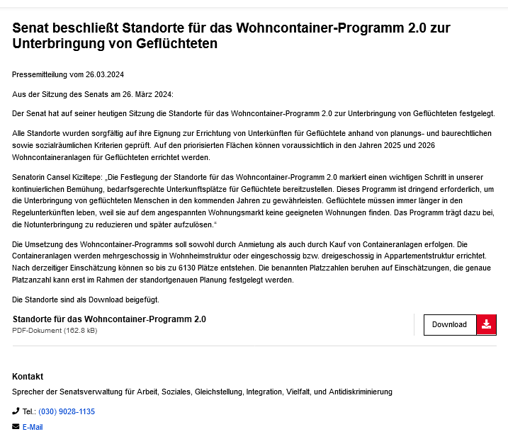 datawrangler2's tweet photo. @BerlinImBild Wurde das "Programm" zur Unterbringung
von Geflüchteten vielleicht erweitert?
Senat #Berlin beschließt Standorte für Wohncontainer 2.0
Pressemitteilung vom 26.03.2024
https://t.co/npwXc5vaOX
Standorte für #Wohncontainer-Programm 2.0
PDF-Dokument (162.8 kB)
https://t.co/kNCMFE7KMV https://t.co/9Pu8G4iLtI