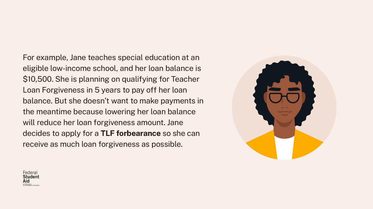 Do you teach special education or secondary math or science at a qualifying low-income school? If you’re on track to receive forgiveness through the Teacher Loan Forgiveness (TLF) Program, your loan servicer can let you know if you qualify for a TLF forbearance. Eligible teachers