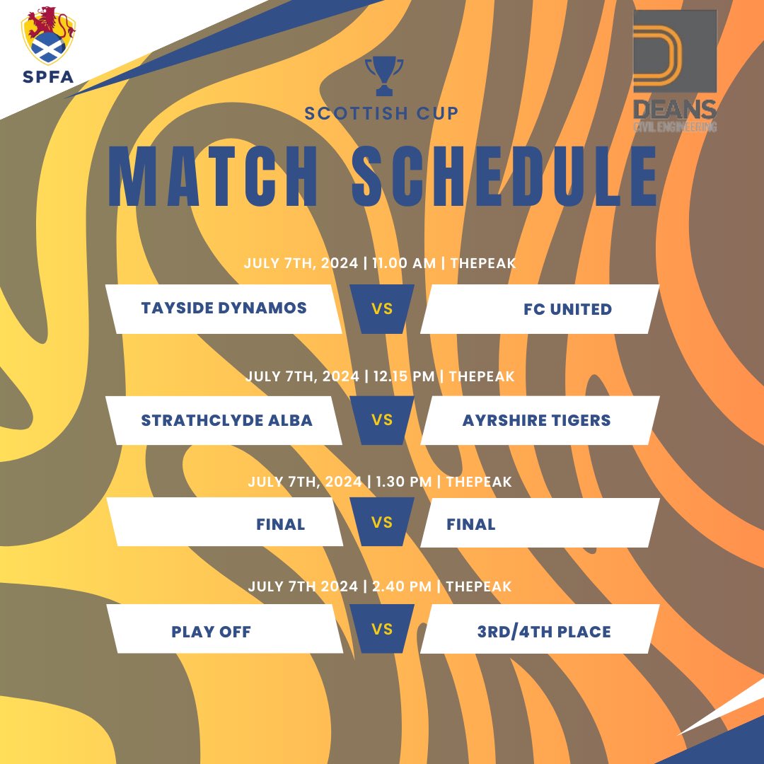 This weekend see’s the conclusion to the 2023-24 Scottish Powerchair Football Season ⚽️
Good luck to all four clubs competing at @thepeakstirling for the much sought after Scottish Cup 🏆 

<a href="/ScottishFA_dis/">Scottish Para-Football</a> 
<a href="/Tigers_PFC/">Ayrshire Tigers Powerchair Football Club SCIO</a> 
<a href="/strathclydepfc/">Strathclyde Powerchair Football Club</a> 
<a href="/TaysideDynamos/">Tayside Dynamos PFC</a> 
<a href="/DeansCivilEng/">Deans Civil Engineer</a>