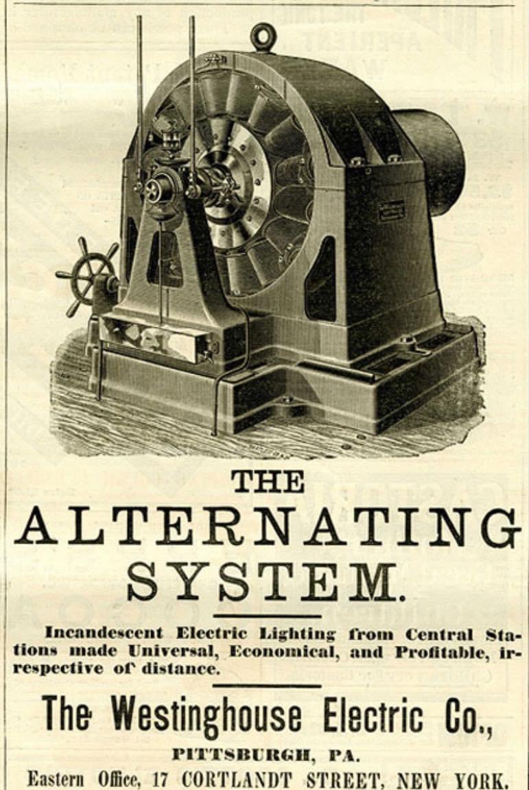 nikolateslafilm's tweet image. Westinghouse ad featured an illustration of Nikola Tesla’s powerful AC generator, circa 1880s.

Source: collectors weekly 

#Westinghouse #nikolatesla #acgenerator  #Westinghouse #alternatingcurrent #WestinghouseElectric #GeorgeWestinghouse