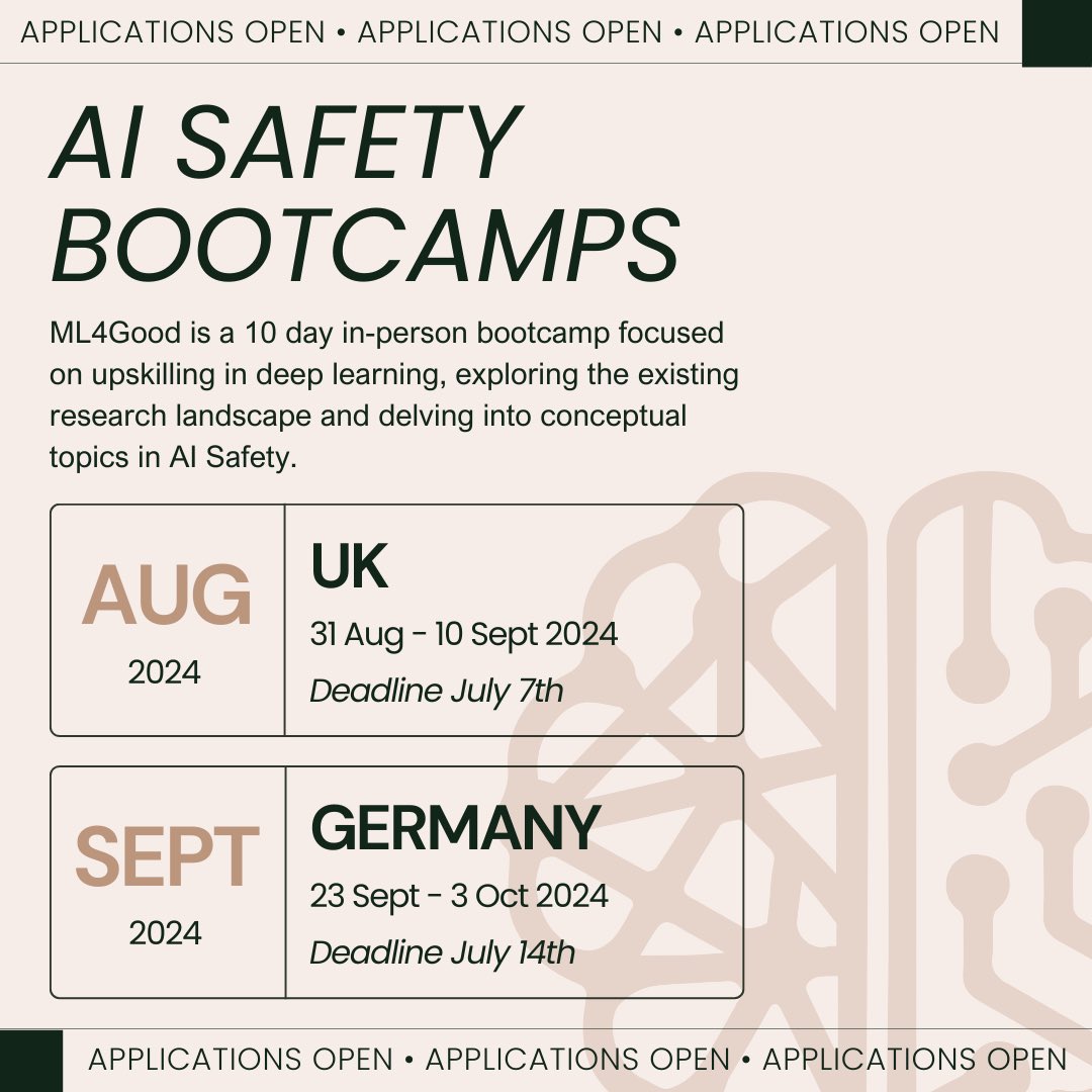 ML4GoodOrg's tweet image. Apply to our upcoming bootcamps in Germany and the UK!