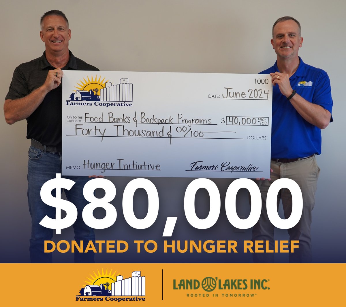 We are proud to announce that Farmers Cooperative, in partnership with Land O'Lakes, Inc. Foundation, has donated $80,000 to support local hunger programs. 👏

➡️ Click here to read more: shorturl.at/mfbKJ