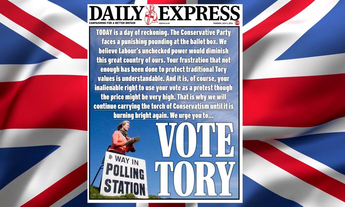 Vote Conservative (@toryvote_) on Twitter photo “Many traditional Tory voters will inevitably be swayed by the noise of Reform but this a time for calm heads and backing for proper conservatism”
<a href="/Daily_Express/">Daily Express</a> urges you to vote Conservative TOMORROW 🗳️
#tomorrowspaperstoday “Many traditional Tory voters will inevitably be swayed by the noise of Reform but this a time for calm heads and backing for proper conservatism”
<a href="/Daily_Express/">Daily Express</a> urges you to vote Conservative TOMORROW 🗳️
#tomorrowspaperstoday