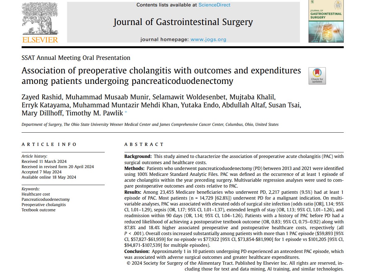 ZRashidMD's tweet image. 🚨New paper Alert🚨 by @OhioStateSurg TEAM on preoperative acute #cholangitis (PAC) in @JournalofGISurg 

⚠️ PAC is associated with worse #outcomes of pancreaticoduodenectomy and higher healthcare 💵 contributing to #financial #toxicity ⚠️

Link: doi.org/10.1016/j.gass……