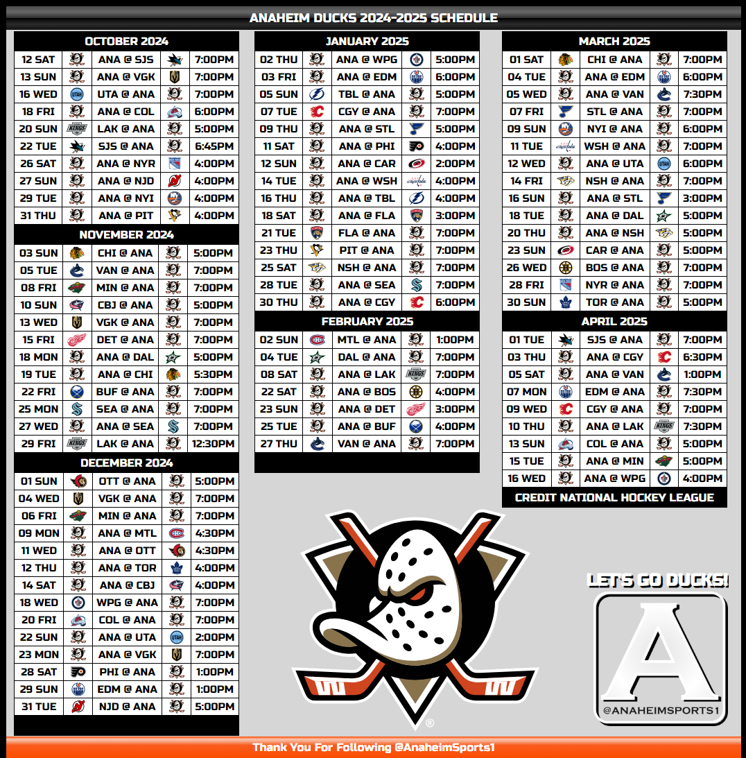 Anaheim Ducks Printable Schedule