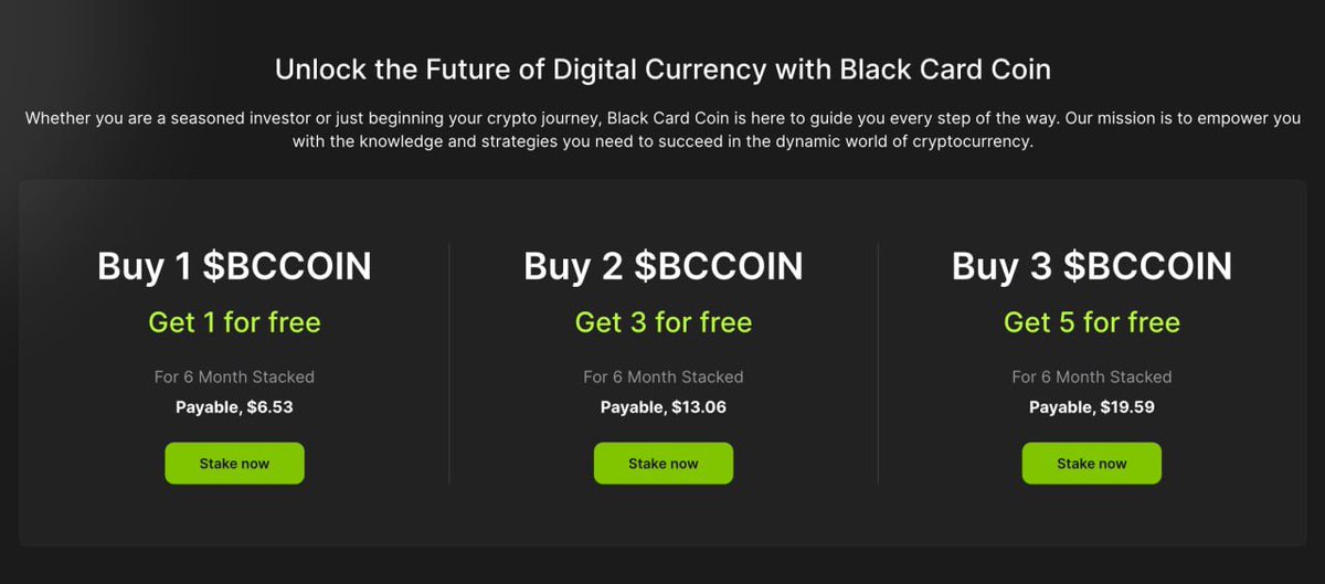 For a short time, get $BCCoin at a huge discount before our next T1 listings in 2 weeks!

✨ Buy 1 $BCCoin and get 1 FREE!
✨ Buy 2 $BCCoin and get 3 FREE!
✨ Buy 3 $BCCoin and get 5 FREE!

👉 Get Started Now: blackcardcoin.com/starter

🤑Join the $BCCoin revolution today!