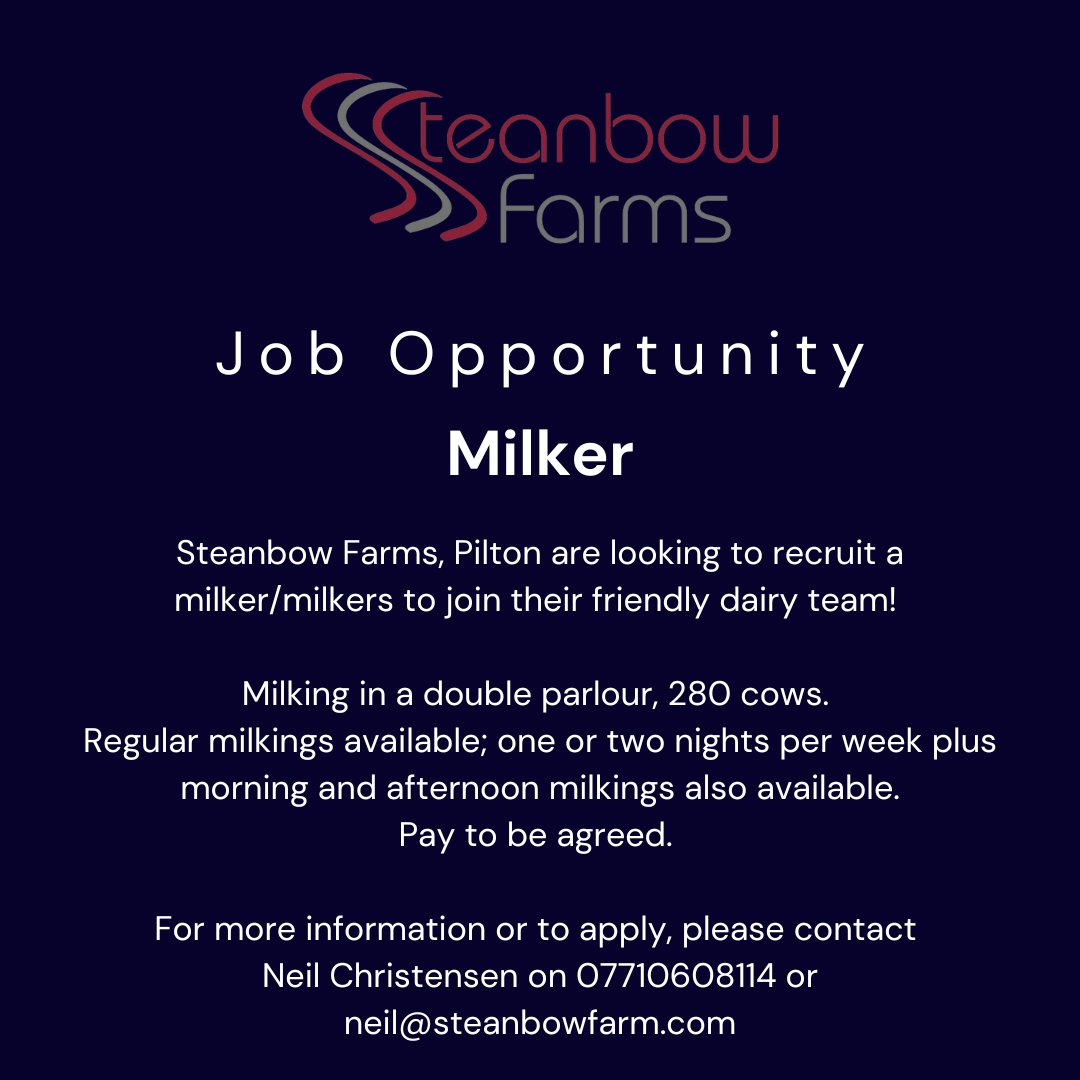 🐄JOB OPPORTUNITY🐄
We are looking for enthusiastic people to join our team of milkers at Steanbow! More details below ⬇️
We look forward to hearing from you and getting you in the parlour with our lovely cows 🙂
steanbowfarms.com/join-steanbow
#agjobs #somersetjobs