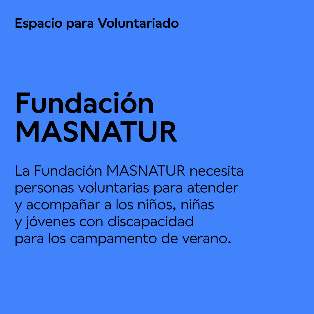 <a href="/ContraCancerMAD/">Asociación Española Contra el Cáncer en Madrid</a> 🐓 <a href="/Masnatur/">Fundación Masnatur</a> necesita personas voluntarias para atender y acompañar a los niños, niñas y jóvenes con discapacidad que participan en su campamento de verano en la Granja-Escuela La Granja, en Fuentidueña de Tajo. Del domingo 4 de agosto al domingo 11 de agosto.