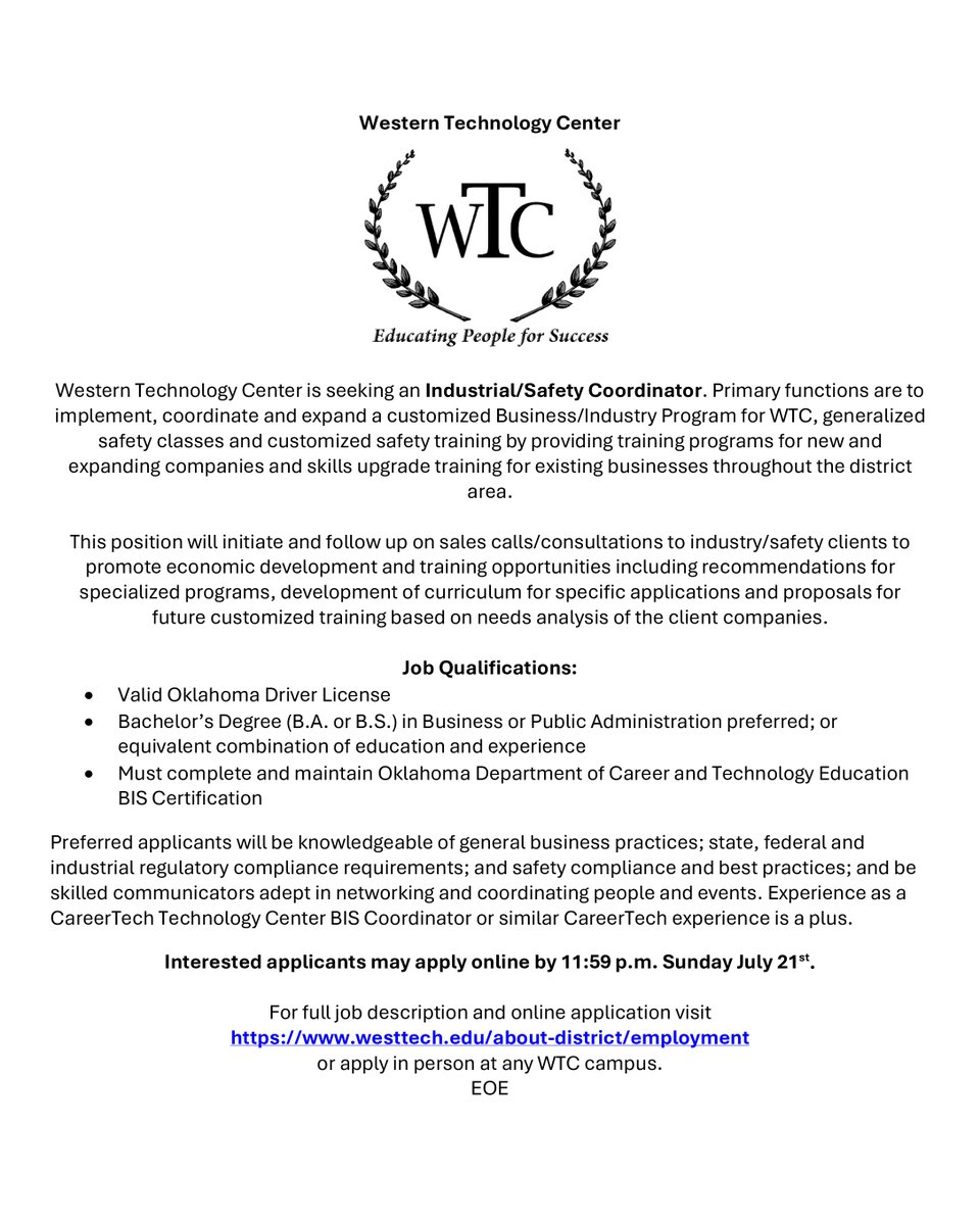Great opportunity to join WTC and work with local businesses and industry!