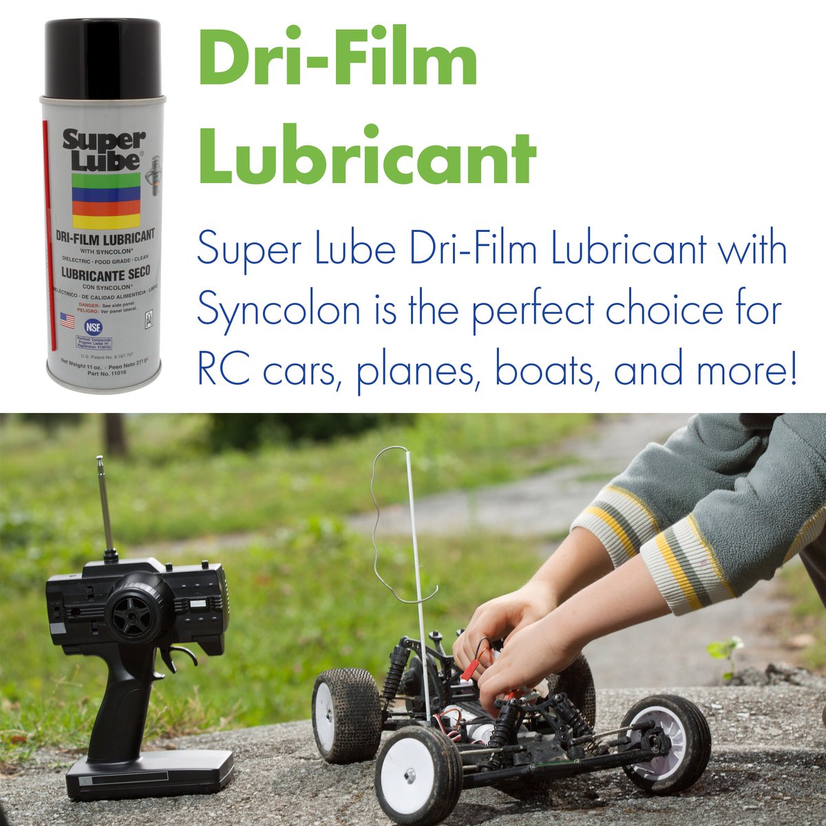 Super Lube Dri-Film Lubricant with Syncolon is the perfect choice for RC cars, planes, boats, and more! Learn more at super-lube.com.

#SuperLube #RC #Cars #Planes #Boats #Fun #Radio #Outdoors #DriFilm